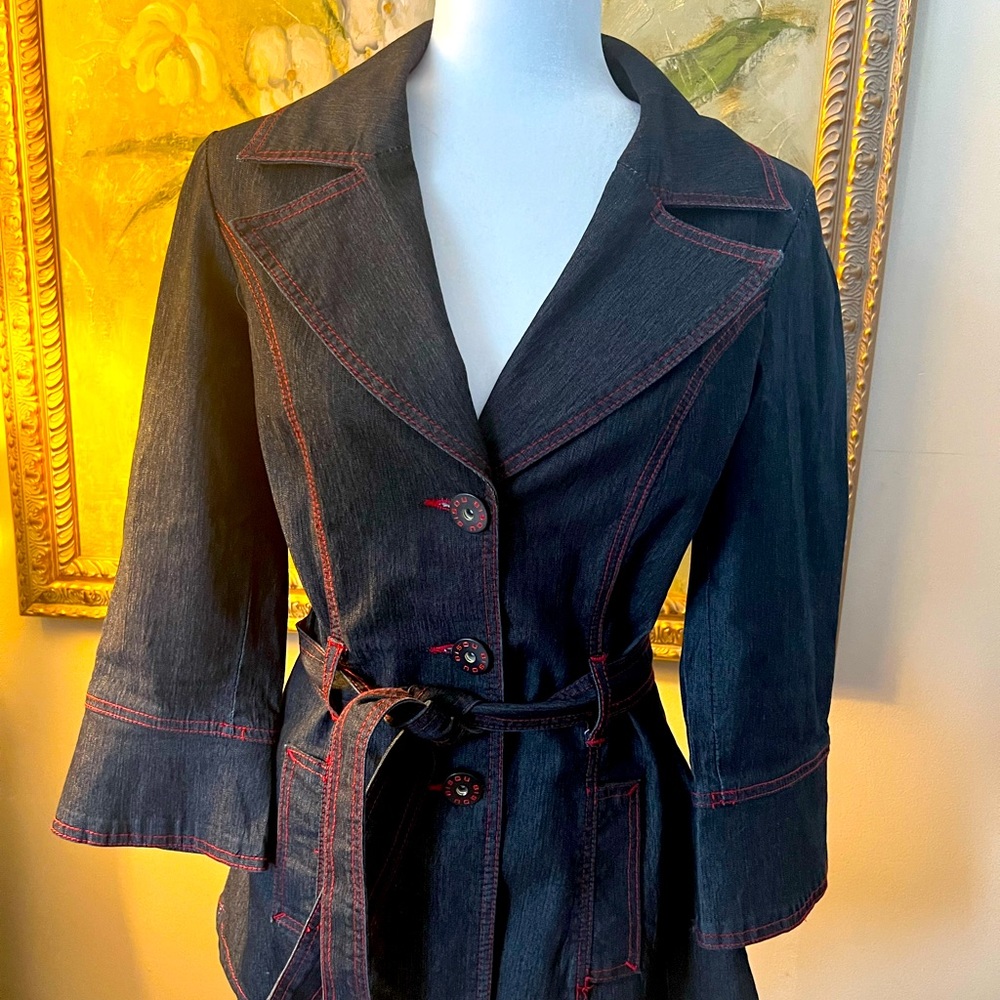 Bijou Bijou Black Label Denim Red Stitch Trench Coat Short w/Belt 💙❤️💙